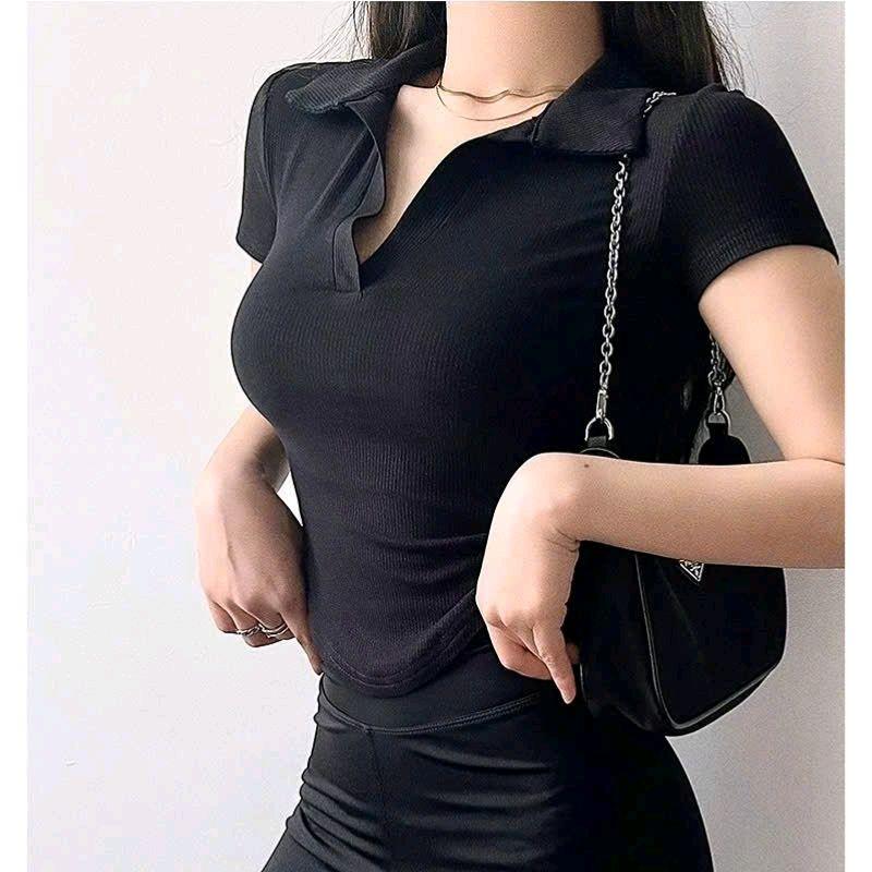Áo polo vạt bầu croptop nữ ngắn tay tăm lạnh ôm body áo thun nữ kiểu trơn basic…