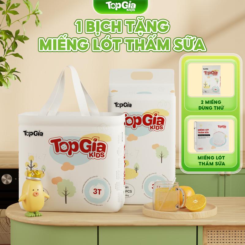 TẶNG 100 MIẾNG LÓT THẤM SỮA 1 BỊCH Tã Bỉm Topgiakids pH<7 an toàn cho da bé mềm mại mỏng nhẹ chống tràn tối đa tặng 100 miếng lót thấm sữa và kèm 2 miếng dùng thử BO