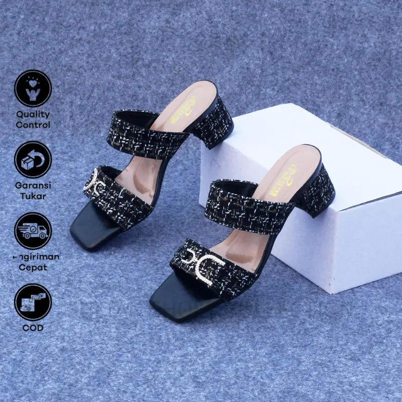 Sultan Shoes | Sendal Hak Tahu 5 cm Wanita Flat Slop Tali Kokop Kekinian Aksesoris Gesper Rantai D | Sandal High Heel 5cm CasuaL 6