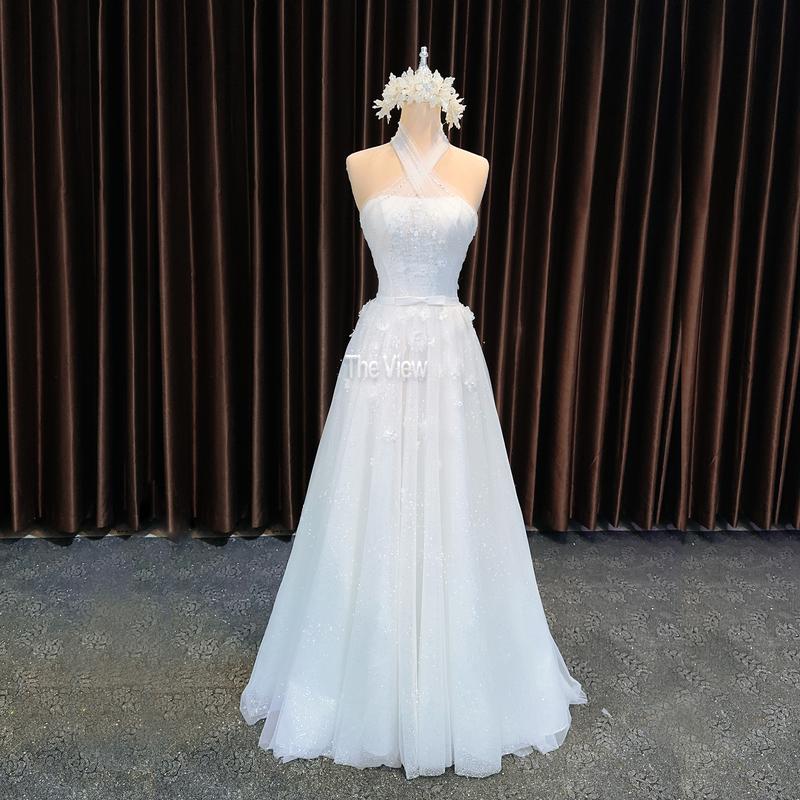 Váy đi bàn Boho yếm váy cưới bằng vải tuyn đính cườm sequin dáng dạ hội mã 254 Dress Women Viền Ren