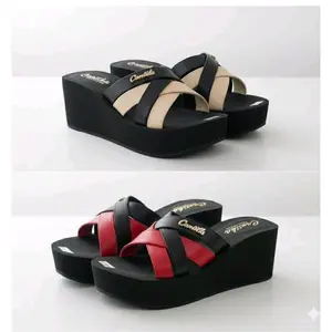 Cantika Sandal Selop Wedges Wanita Motif Rancangan Terbaru Viral Size 36-40 Hitam & Merah