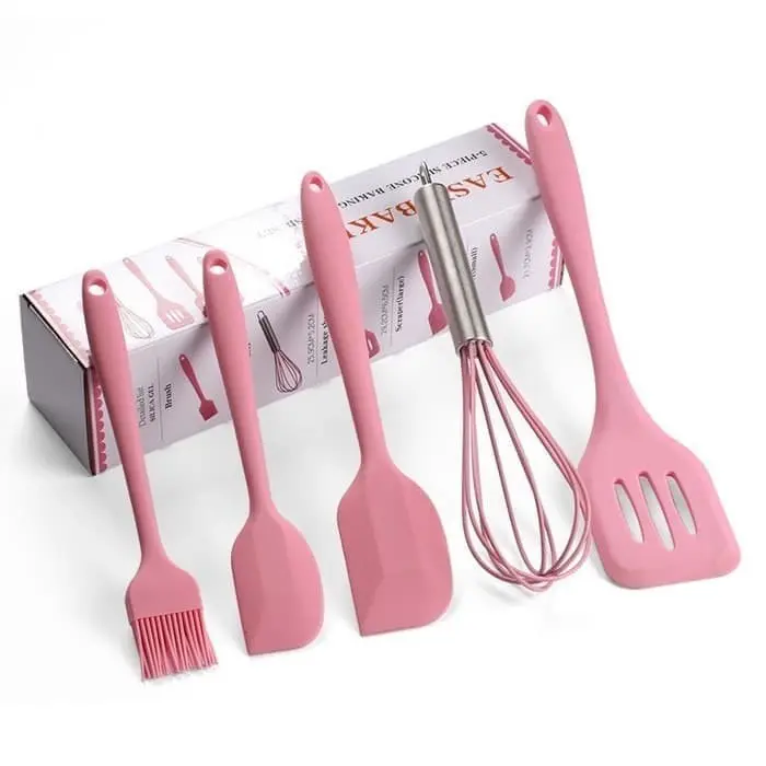 SET SPATULA KUE / Baking Props 5 Piece Kocokan Telur, Spatula 3 Pcs,Kue Kuas Silikon/Kitchen Tool Teflon Set 5 Pcs Pink Silicone