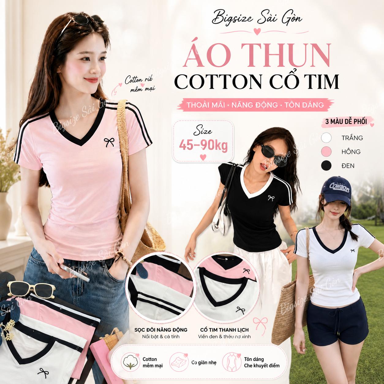 Áo Thun Cotton Cổ Tim Nữ Bigsize 45-90kg, Viền Phối Sọc Vai, Thêu Nơ Xinh, Co Giãn Bigsize Sài Gòn - B.1830
