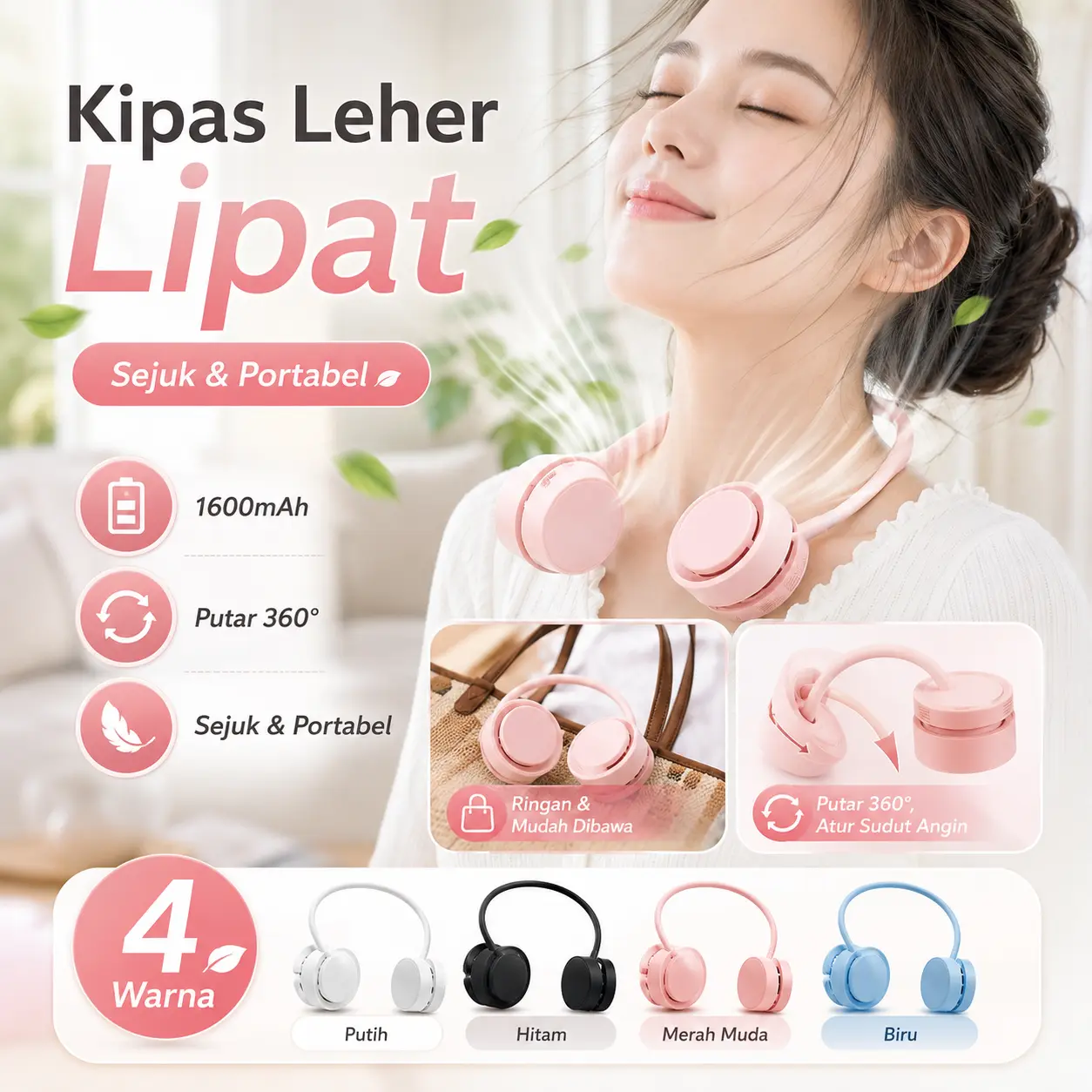 Kipas Leher Portable Lipat 3 Kecepatan Kipas Angin Mini Handsfree untuk Kantor Travel dan Aktivitas Outdoor