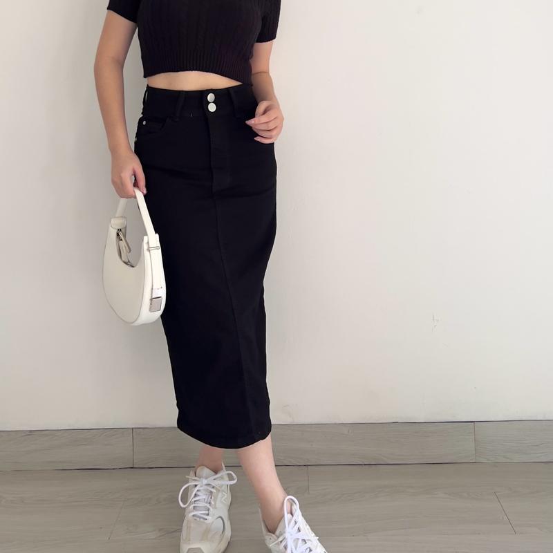 KLAVEE — JOAN DENIM SKIRT STRETCH / Rok Jeans Midi Wanita / High Waist Stretch Melar Korean Style 5