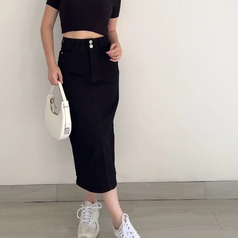 KLAVEE — JOAN DENIM SKIRT STRETCH / Rok Jeans Midi Wanita / High Waist Stretch Melar Korean Style 4