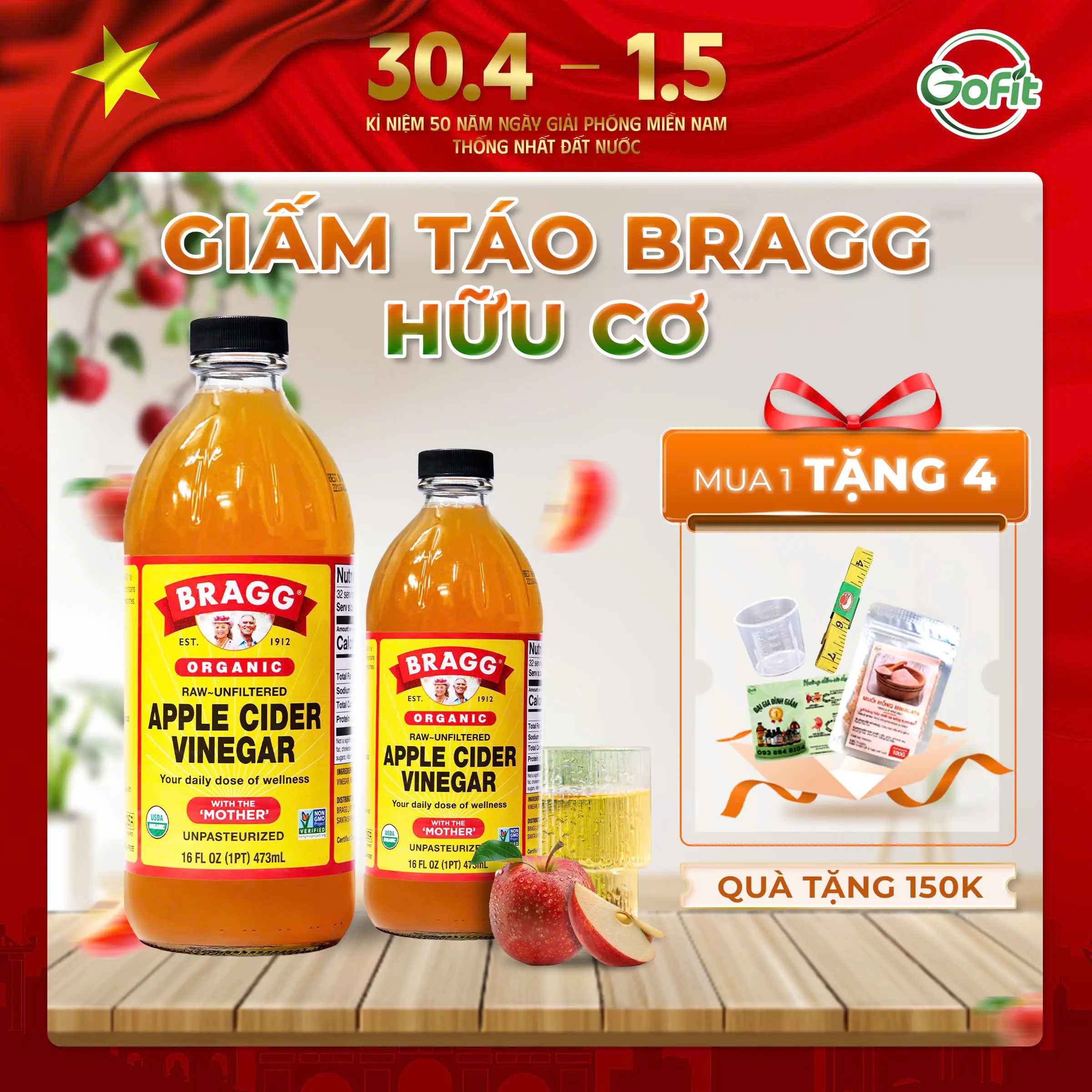 [CHÍNH HÃNG-4 QUÀ] Giấm Táo Hữu Cơ Bragg Có Giấm Cái 473ml, 946ml, Dấm Táo