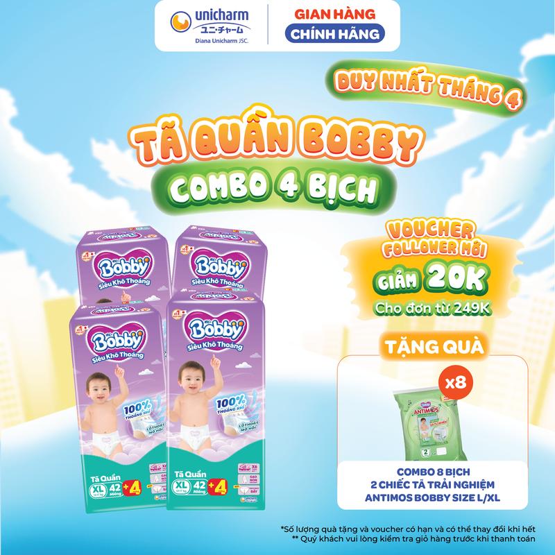 [TẶNG KÈM 16 MIẾNG ] Combo 4 Tã quần Bobby Siêu Khô Thoáng -Thoáng Khí size M 56 miếng/ Size L 48 Miếng/ size XL 42 miếng/ XXL 38 miếng/ XXXL 29 miếng