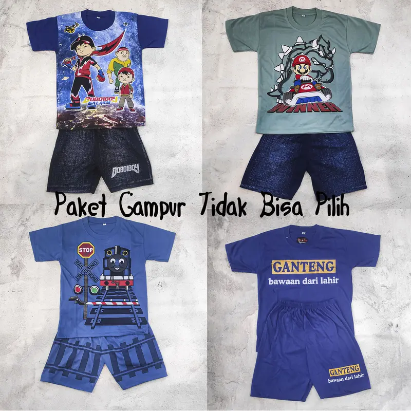 Paket 4 Setelan Celana Pendek Anak Buat Santai Sehari-hari Adem Motif Campur [DAERAH KALIMANTAN] - Set 2 in 1 Atasan Kids Umur 7-8 Tahun size XXL 0