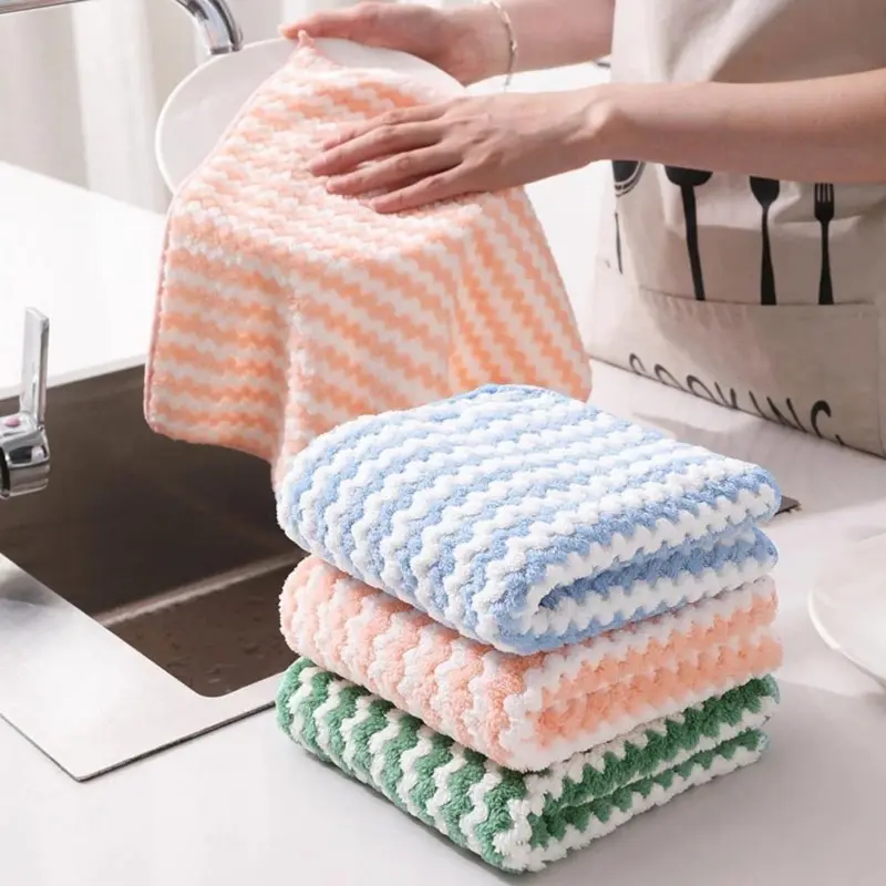 Coral Velvet Dish Washing Cloth Kitchen Cleaning Rag Super Absorbent Scouring Pad Dry Non-stick Oil and Wet Dishcloth Cleaning Towels