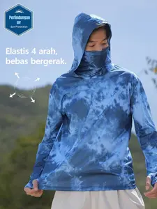 Baju Mancing Pria Musim Panas Ultra Tipis Kamuflase, Bernapas, Cepat Kering, Bahan Ice Silk, Anti UV, dengan Penutup Wajah