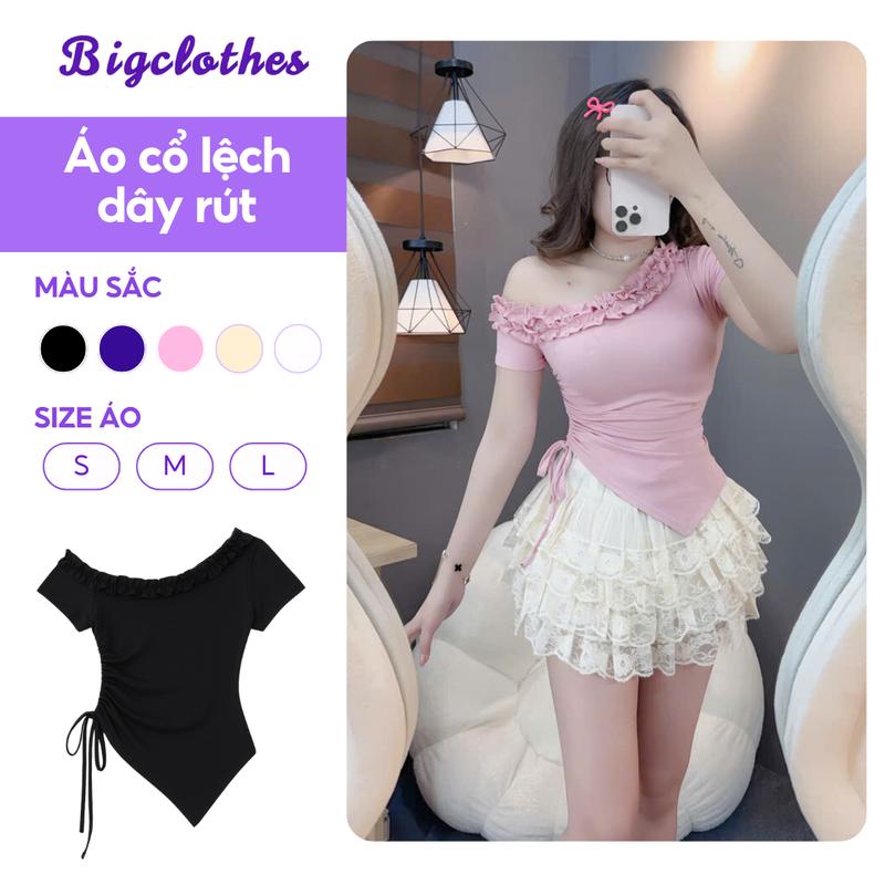 Áo Thun Nữ Lệch Vai BigClothes, Áo Trễ Vai Cổ Bèo Vạt Chéo Dây Rút Thời Trang B08