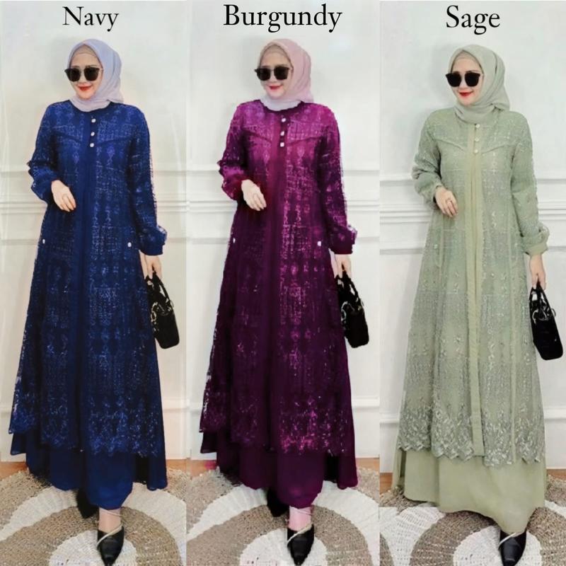 GAMIS BRUKAT CRINKLE WANITA WARNA BURGUNDY TERACOTA / Dress Pesta Muslim Mewah Kondangan Lebaran 2025 Bisa Couple Ibu Anak 1