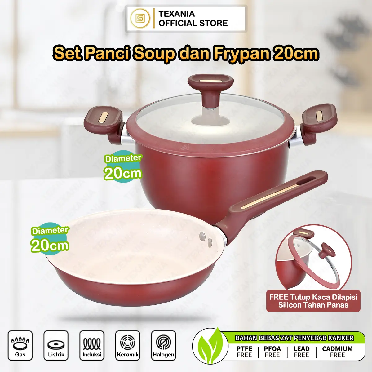 [New Arrival] TEXANIA SET Panci Soup dan Frypan Maroon Anti Lengket 20cm Multifungsi Mudah Dibersihkan Kualitas Foodgrade Kitchenware