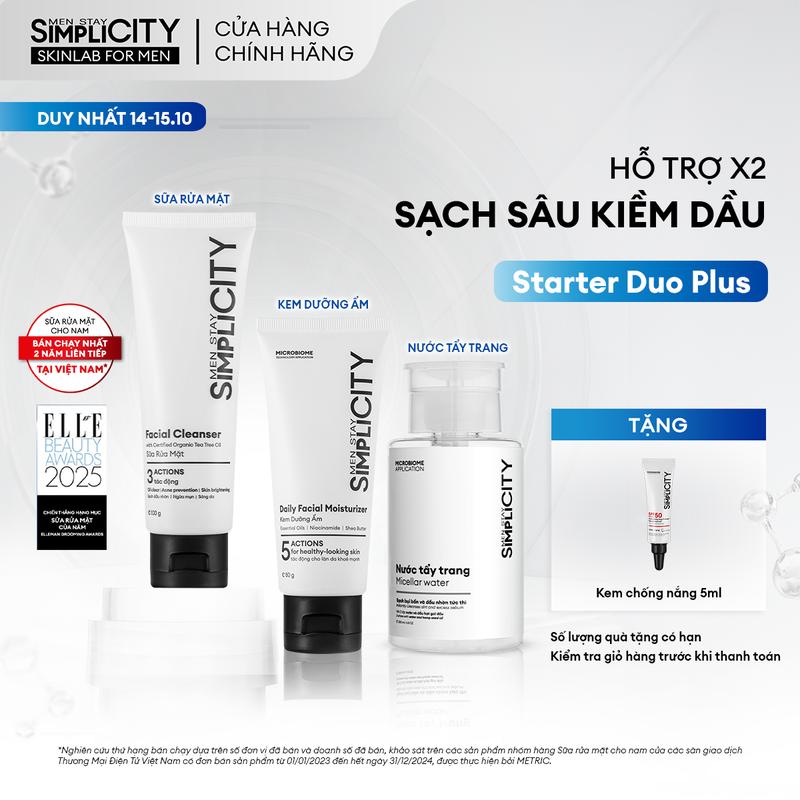 [MỚI] Bộ sản phẩm cho nam hỗ trợ làm sạch sâu 2 bước và dưỡng ẩm vượt trội Men Stay Simplicity Starter duo Plus gồm: Sữa rửa mặt, Kem dưỡng ẩm, Nước tẩy trang 200ml