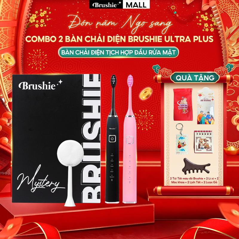 FLASH SALE GIỚI HẠN Combo 2 bàn chải điện Brushie Ultra Plus chính hãng tích hợp đầu rửa mặt hỗ trợ làm sạch hiệu quả và tiết kiệm chi phí - TẶNG 2 TÚI TẾT MÀU ĐỎ BRUSHIE + 2 LƯỢC MASSAGE NÂU + 2 BỘ 5 LÌ XÌ + 2 LỊCH MINI + 2 MÓC KHÓA TẾT