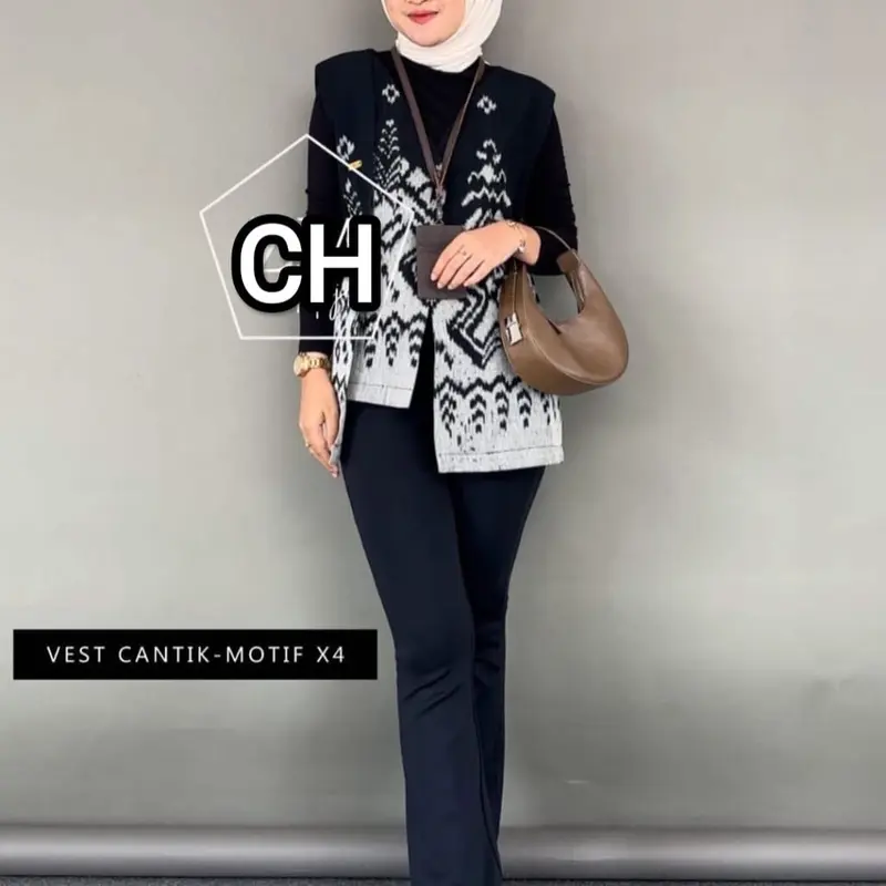 Vest tenun baju kondangan baju kantor Wanita Rompi Atasan Panjang Hitam Outer 2