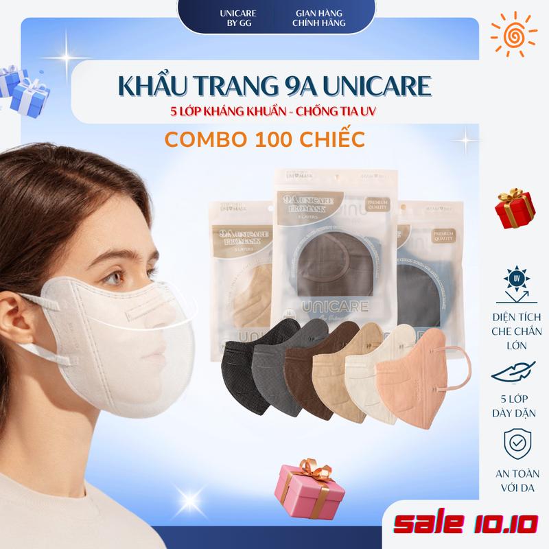 Combo 100 Chiếc Khẩu Trang 9A UNICARE | 5 Lớp Dày Dặn, Chống Nắng UV | Chống Nước, Lọc Bụi | Quai To Êm | Mix Màu Nam Nữ