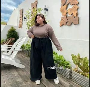 Misthetic Celana Kulot Super Jumbo BB 100kg Hitam Panjang Santai Serut Nyaman Wanita Pant Bawahan Knit Hornet Regular Leg Plus Size