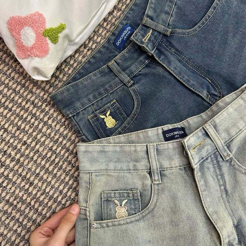 Quần jeans nữ Ống suông Vải Qc phối thêu thỏ màu xanh nhạt basic XS-2XL Q1339 dài 105cm Women