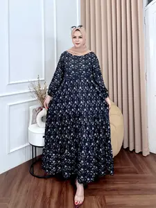 Gamis floral Warna Hitam Motif Pita Kecil Rayon-Dress Wanita Muslim Kekinian Panjang 135cm Tali Samping                 Adem, Flowy, dan Modis  Nyaman Untuk Sehari-Hari