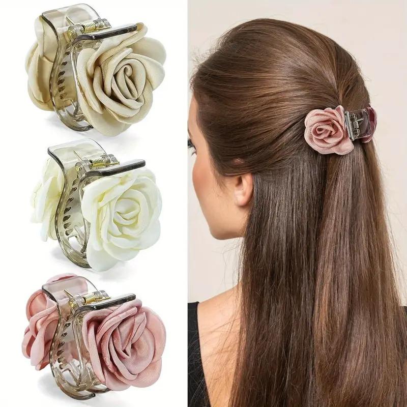 Product Introduction of 3pcs Elegant Vintage Rose Hair Claw Clips, Medium Size Fabric Floral Hair Accessories for Women, Fashionable Design for Daily Wear, Parties, Valentine'S Day 5