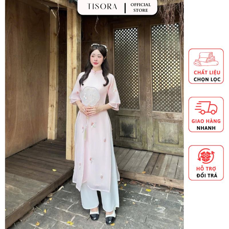 Sét áo dài cách tân xẻ tà đính ngọc + quần lụa màu: Be, Hồng, Đỏ mặc Tết, đám cưới, đi tiệc, chụp ảnh, đi chùa, đi Lễ - TISORA Nữ Women