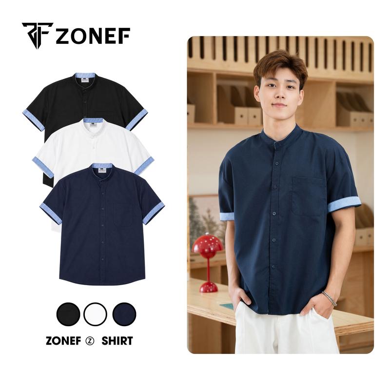 Áo Sơ Mi Nam Cổ Tàu Phối Viền Caro By Zonef, Áo Sơ Mi Ngắn Tay Unisex Chất Vải Thô Hàn Phong Cách Trẻ Trung, Năng Động