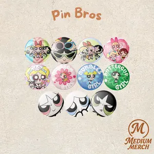 Medium | Pin Bros 44mm Motif Karakter PowerPufGurl Lucu Imut Keren Cute | Aksesoris Tas & Pakaian Clips Plastik