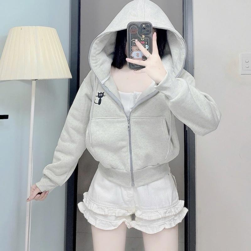   HT018  Áo khoác NỈ bông PE THÊU NGỰA có MŨ to rộng phom croptop trẻ trung năng động- Áo Khoác Hottrend 