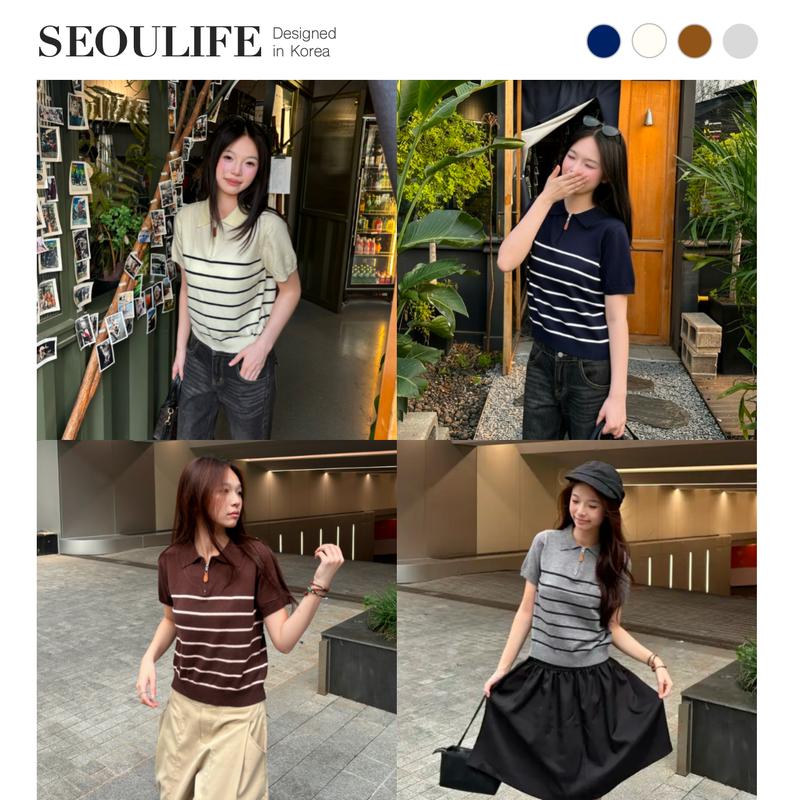 SEOULIFE | Áo len dệt kim Polo cổ khóa kéo họa tiết kẻ sọc phong cách Hàn Quốc tối giản thu đông cardigan 2026. Dễ phối đồ đi làm, đi học, hẹn hò. Tôn dáng, tôn da. Màu trắng kem, xanh navy, nâu cà phê và xám.