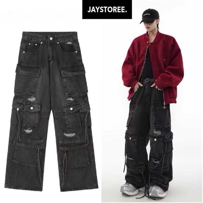 QUẦN JEAN HIRO - Cargo Jeans - Quần jeans túi hộp phối dây form rộng vải washed màu xanh wàng. Unisex nam nữ Jaystoree. Pants Women