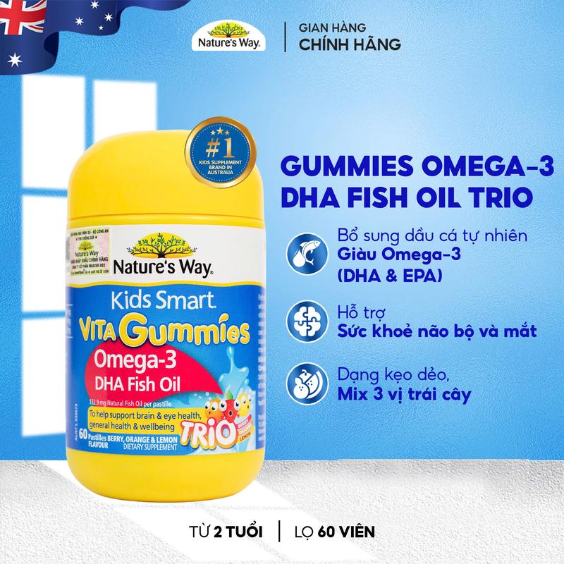 Kẹo Dẻo Natures Way Kids Smart Vita Gummies Omega-3 DHA Fish Oil Hỗ Trợ Phát Triển Não Bộ Và Thị Lực Cho Bé - Hộp 60 viên - Bổ Sung Vitamin Và Khoáng Chất Cho Bé