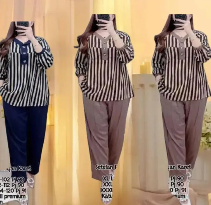 Setelan Wanita Motif Salur Terbaru Bahan Adem Halus Jumbo Busui Katun Garis Celana Nyaman - Kancing, Panjang
