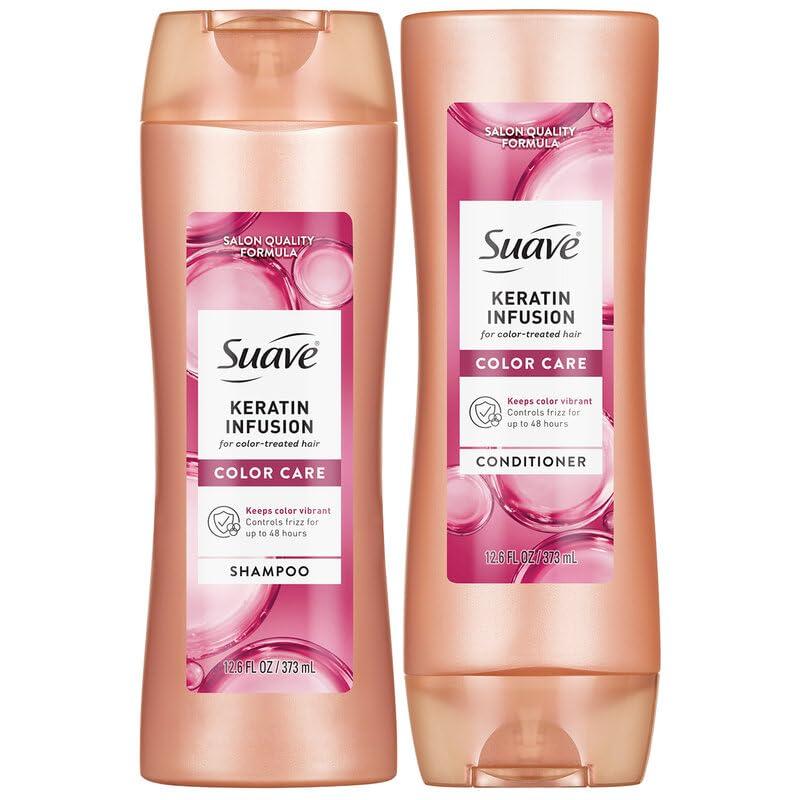 Bộ dầu gội và dầu xả keratin Suave, chăm sóc màu sắc – duy trì màu sắc nổi bật + kiểm soát tóc bị chẻ từ 48 giờ trở lên, mỗi sản phẩm 12,6 oz.