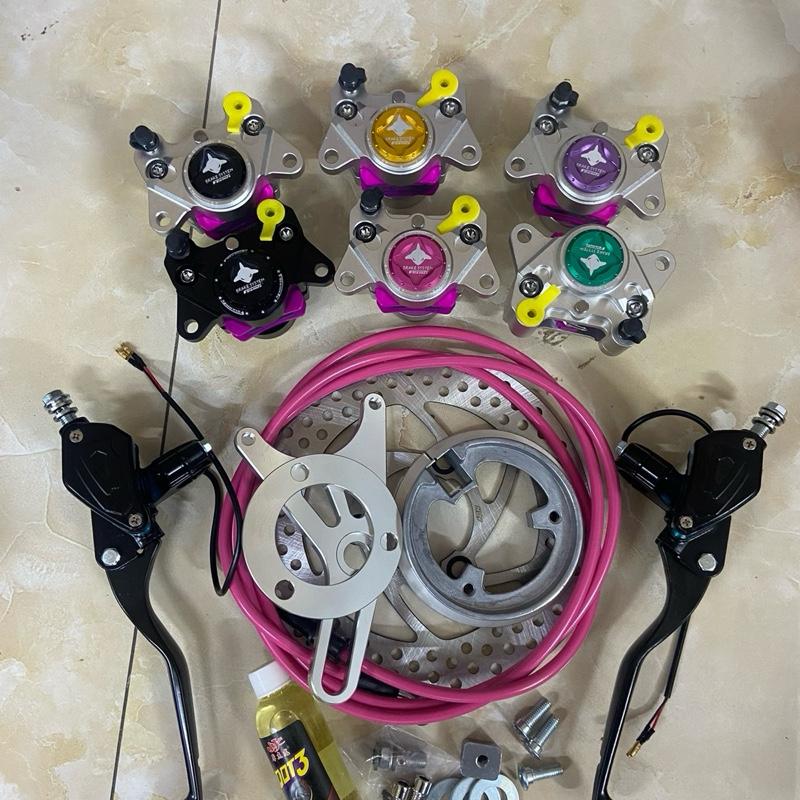 Tặng dầu Combo phanh đĩa sau heo CNC cá mập 2 piston kèm phanh bình dầu liền gắn mọi dòng xe