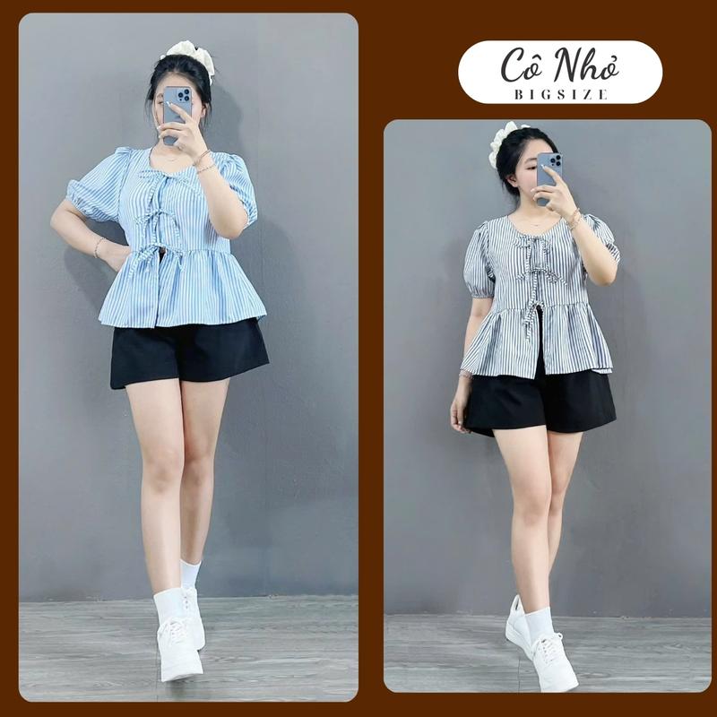 Set bigsize nữ áo babydoll tay ngắn kẻ sọc chất kate mềm kèm chân váy bí quần đùi lưng thun có quần bảo hộ - A190+CV413 Q500