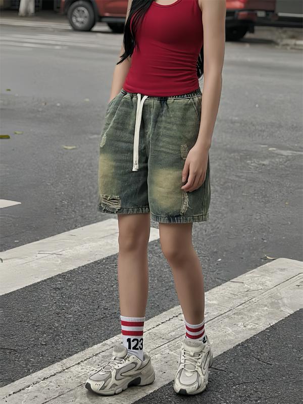 Quần Short Jean Unisex Nam Nữ Form Rộng Rách Nhẹ – Quần Đùi Bò Jean Lưng Thun Co Giãn Cho Cả Nam Và Nữ