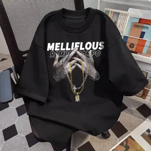 Baju Atasan Gaya Amerika T-shirt Katun Lengan Pendek Model Kerah Bulat dengan Desain Jari Tangan, Kalung, dan Huruf Inggris Cetak Fit Kaos