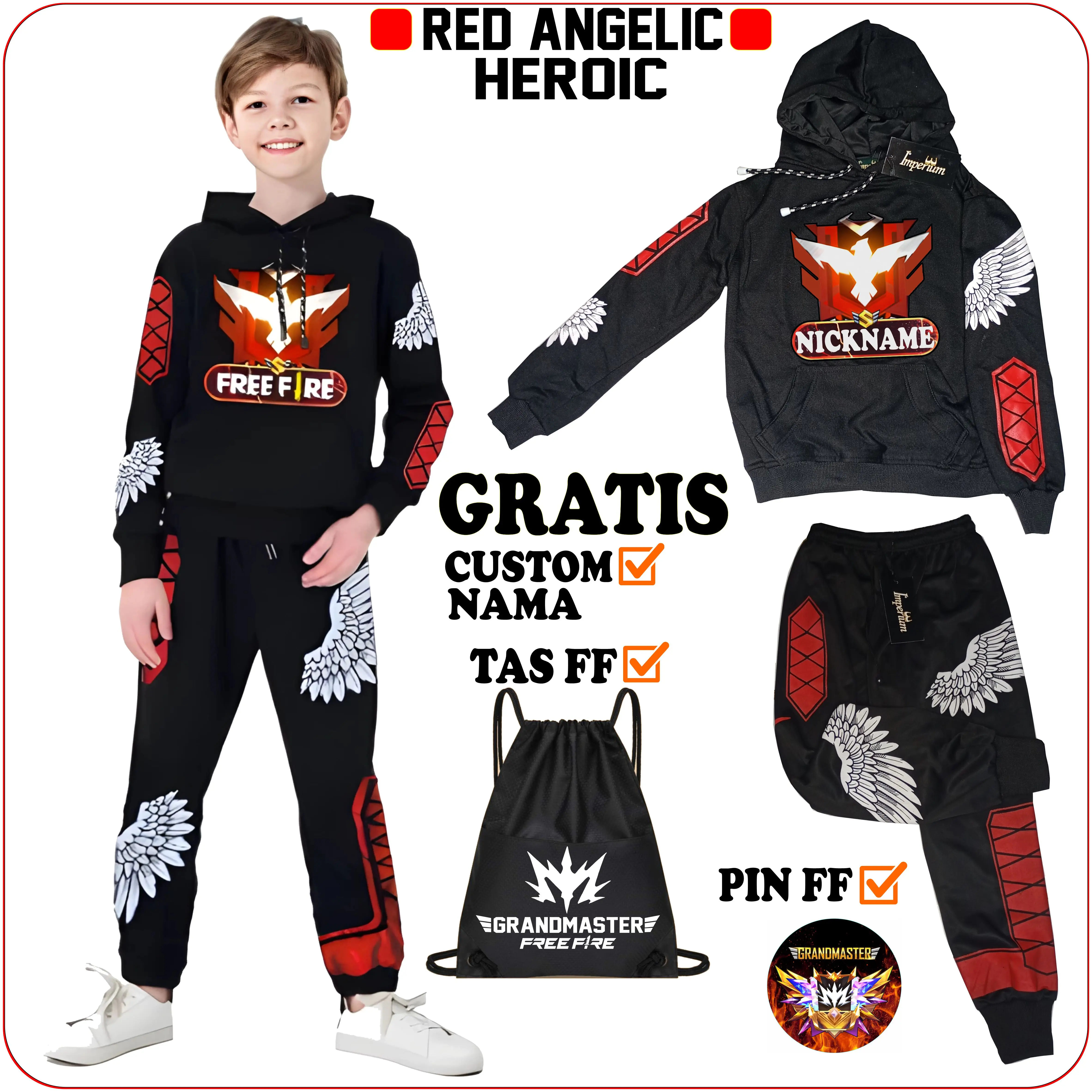 Setelan Jaket Hoodie Anak Free Fire Grandmaster dan Celana FF Heroic Angel Fashion