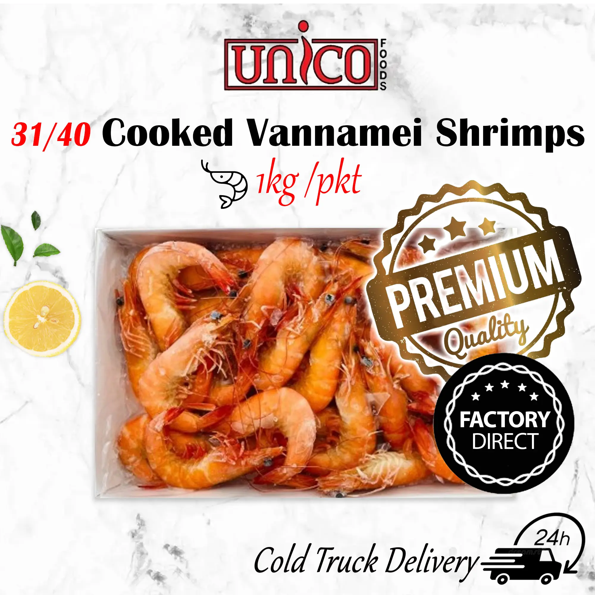 Live Frozen Cooked Prawn Vannamei 31/40 Halal (1kg/pkt) Emerald Brand