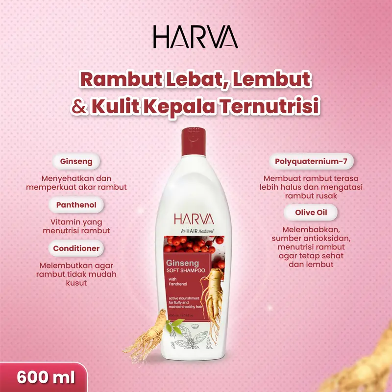 HARVA Natural Soft Shampoo (Ginseng) 600ML |  Haircare Sampo Conditioner Perawatan Rambut Rontok Kering Ketombe Dengan Ginseng Vitamin 4