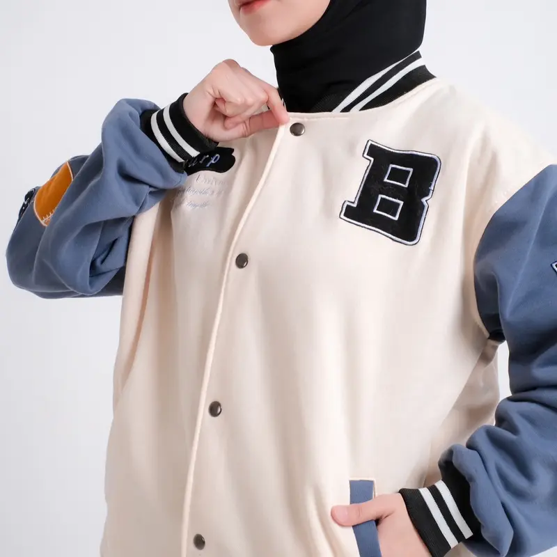 Jaket Varsity Baseball Full Bordir Pria Wanita Bahan Fleece Tebal Ukuran M L XL Cream 5