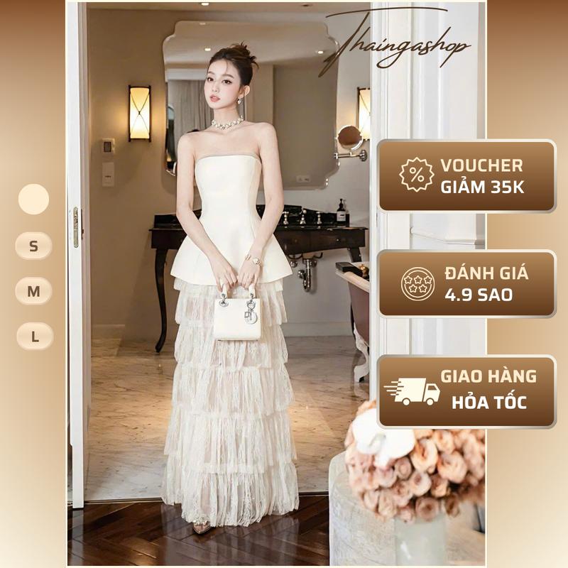 Đầm dự tiệc cúp nơ lưng chất cotton hàn phối chân váy ren tầng màu kem size S M L sang chảnh D1358 Đầm nữ trễ set váy ren