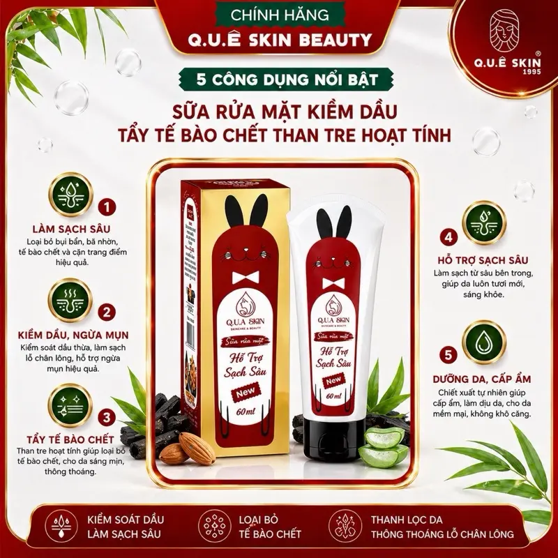Sữa Rửa Mặt Da dầu nhờn khô - Hỗ trợ sáng Làm sạch bụi bẩn, dày sừng nang lông hỗ trợ Dầu Mụn (60ml) chất đặc mềm mịn Dành cho cả Nam và Nữ  nha đam QUA SKIN