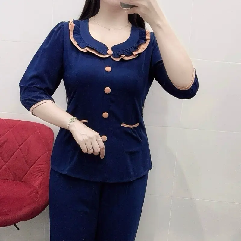 Đồ Bộ Nữ Áo Tay Lỡ Quần Dài, Vải Đũi Lạnh Mặc Mát, có Co Giãn, Nhiều Mầu Sắc Thanh Lịch Thích Hợp Cho Mọi Lứa Tuổi( Women) 4