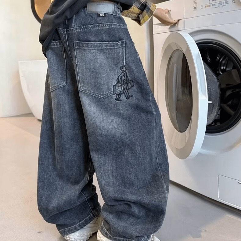 [25-60KG] QUẦN JEAN MỀM QC BÉ TRAI FORM DÁNG SUÔNG SIZE ĐẠI HOẠ TIẾT THÊU MÀU XANH ĐEN ĐẬM