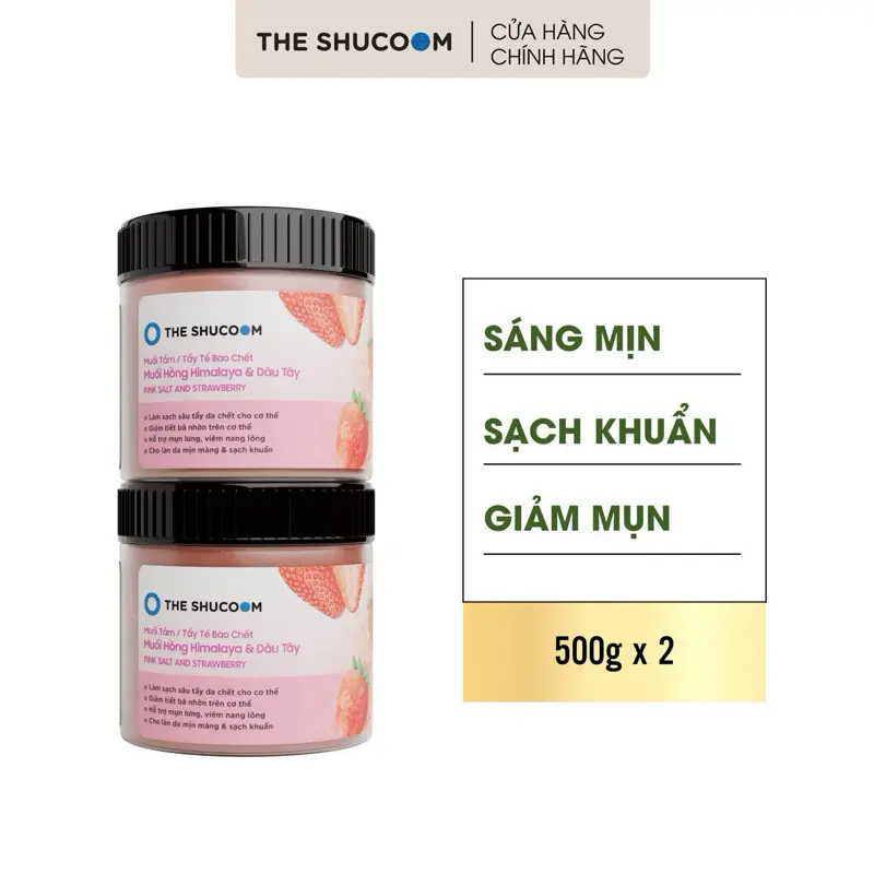 [ Combo 2 Hũ ] Muối Tắm - Tẩy Tế Bào Chết Hỗ Trợ Giảm Mụn Lưng, Viêm Nang Lông Từ Dâu Tây Muối Hồng Himalaya (500g / Hũ x 2) The Shucoom Không chứa silicon Hữu cơ Dưỡng Body Nữ, Nam Skincare Women