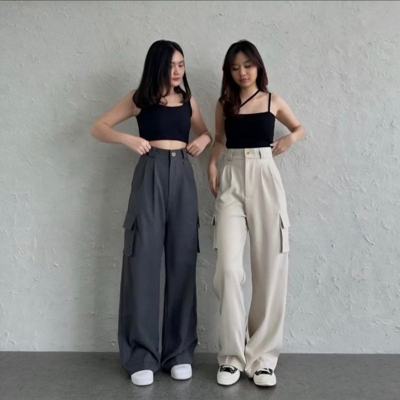 Celana Cargo anak perempuan Korean style 8-16 tahun Low waist katun drill Fashion 6