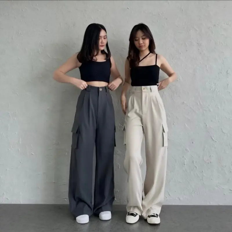 Celana Cargo anak perempuan Korean style 8-16 tahun Low waist katun drill Fashion 5